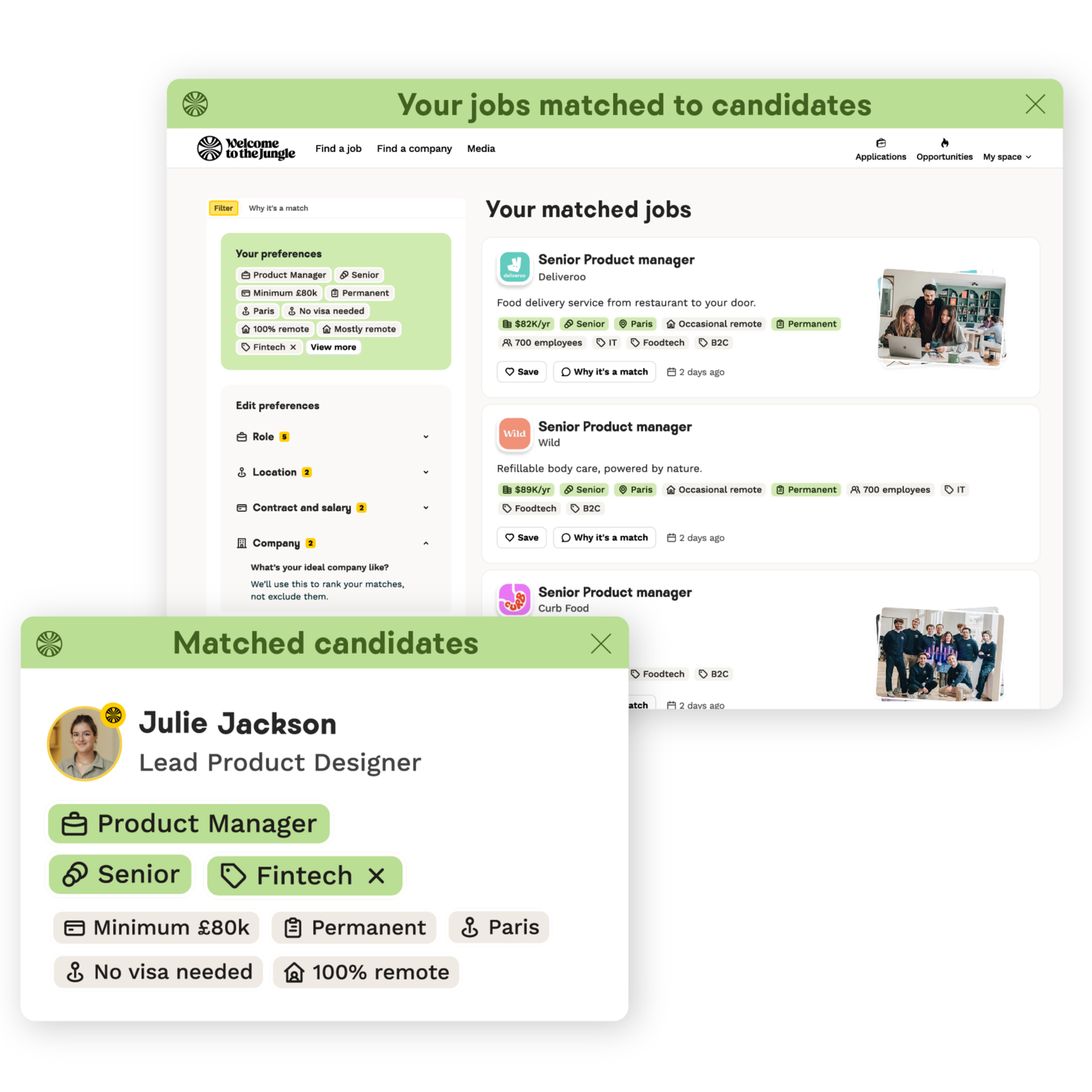 AI job matching interface connecting candidates to relevant roles based on skills and preferences