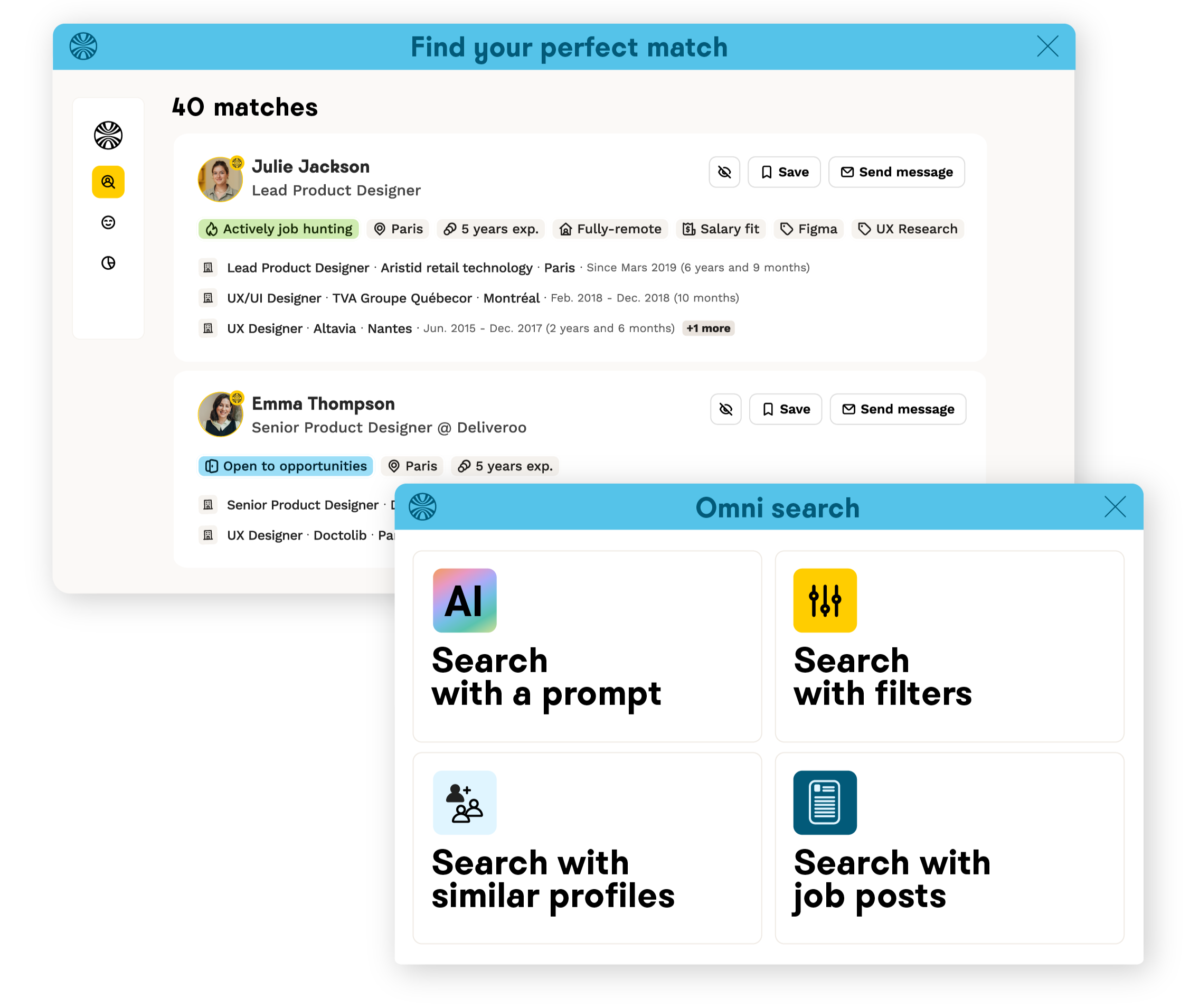 Candidate sourcing platform displaying talent profiles for recruiters to discover and contact